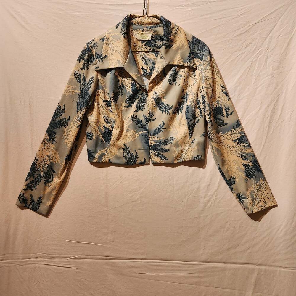 Vintage Nancy Greer Sz Medium Cropped Blazer Pink Blue Floral Open Front Jacket